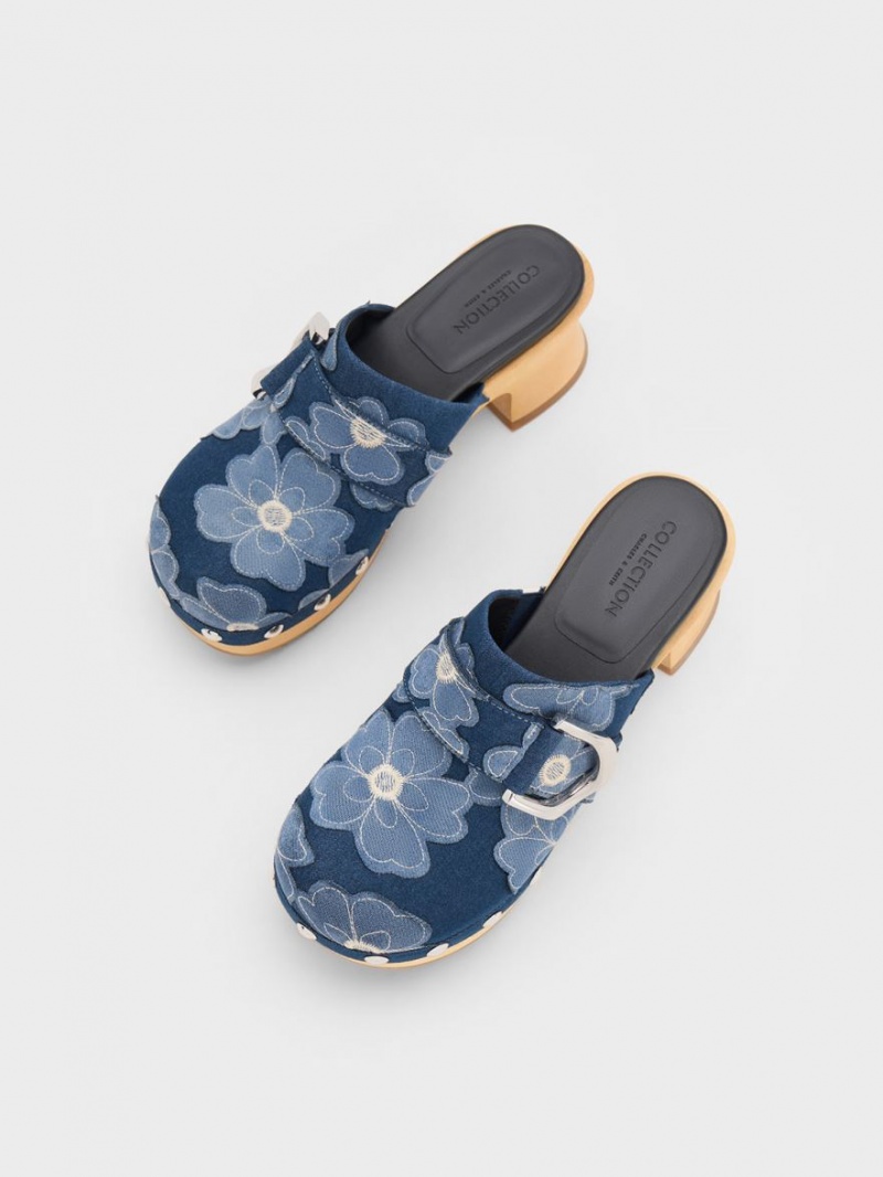 Σαμπο Charles And Keith Gabine Floral Denim Studded μπλε | 29540-DYPX