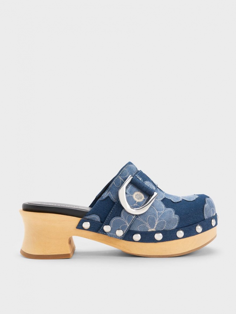 Σαμπο Charles And Keith Gabine Floral Denim Studded μπλε | 29540-DYPX