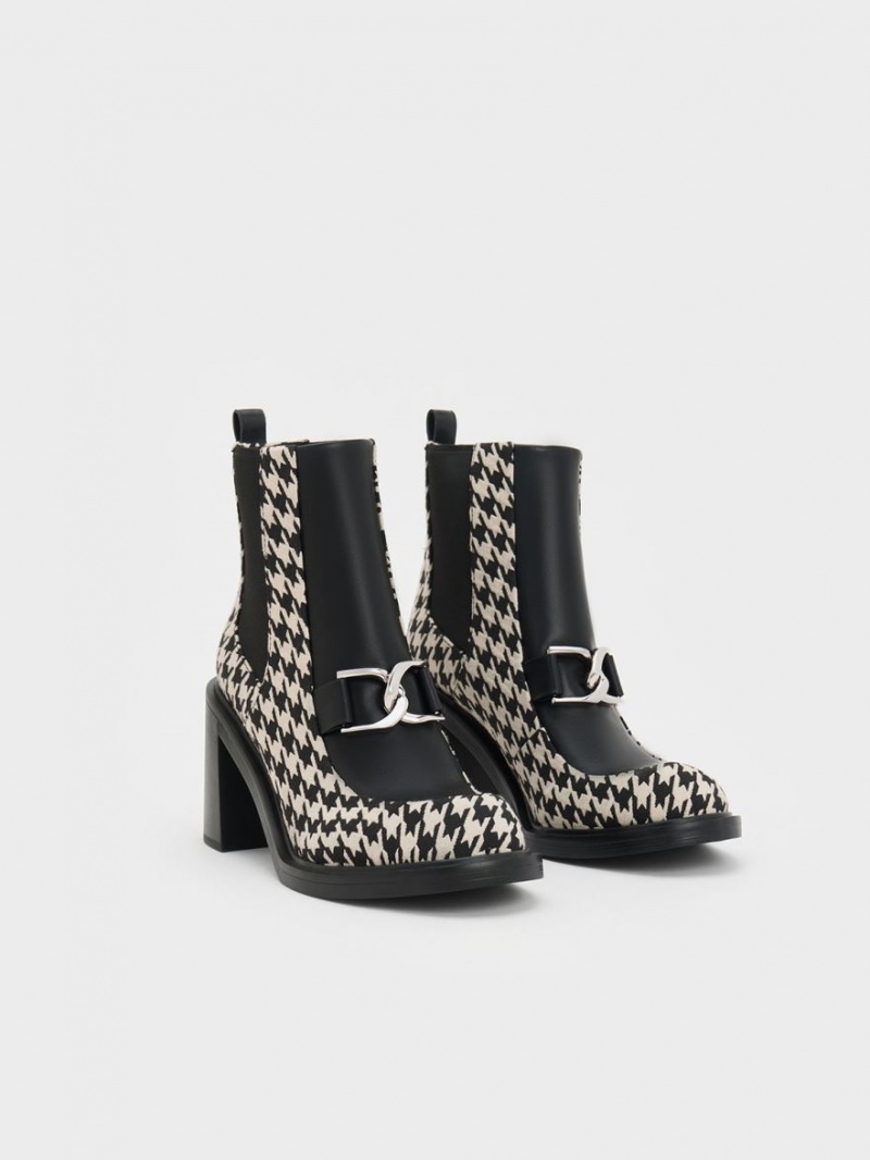 Μποτακια Charles And Keith Gabine Houndstooth Block Heel μαυρα ασπρα | 75462-ZKUX