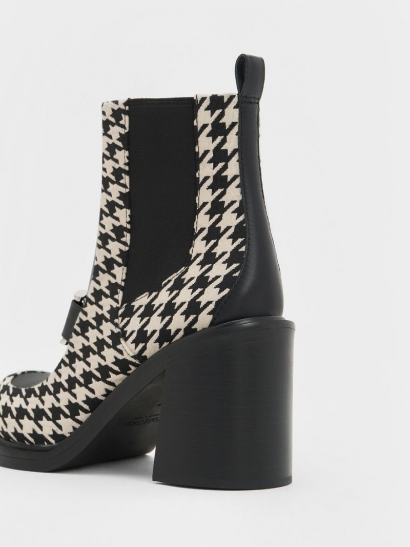 Μποτακια Charles And Keith Gabine Houndstooth Block Heel μαυρα ασπρα | 75462-ZKUX
