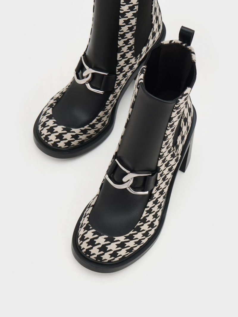 Μποτακια Charles And Keith Gabine Houndstooth Block Heel μαυρα ασπρα | 75462-ZKUX
