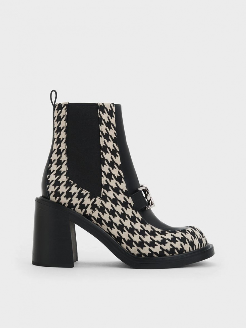 Μποτακια Charles And Keith Gabine Houndstooth Block Heel μαυρα ασπρα | 75462-ZKUX