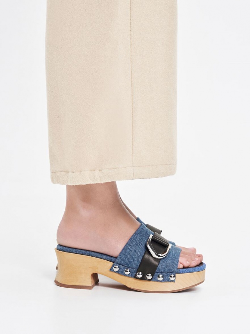 Σαμπο Charles And Keith Gabine Studded Denim & δερματινα μπλε | 32401-SJWF