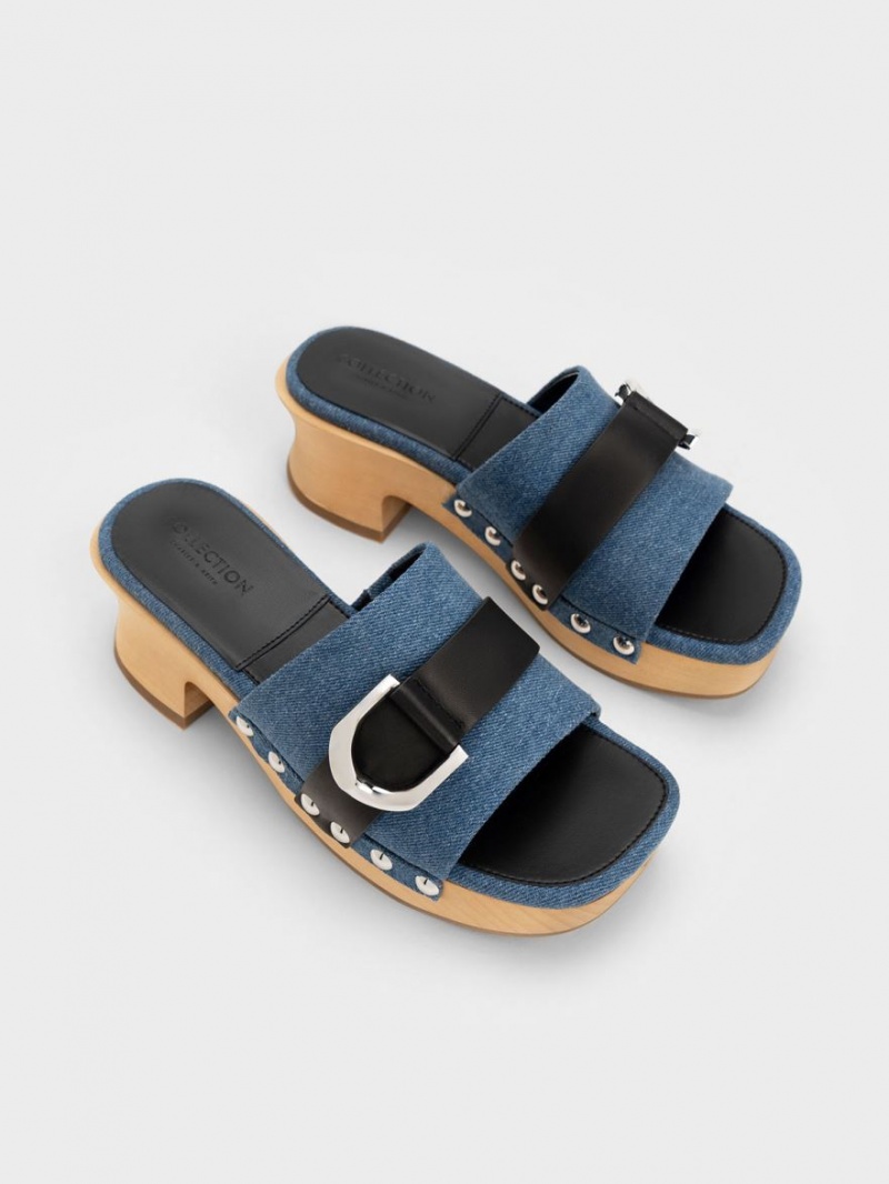 Σαμπο Charles And Keith Gabine Studded Denim & δερματινα μπλε | 32401-SJWF