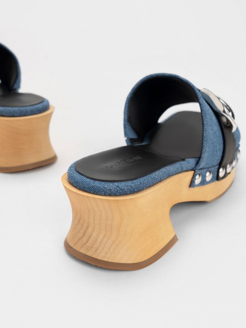 Σαμπο Charles And Keith Gabine Studded Denim & δερματινα μπλε | 32401-SJWF