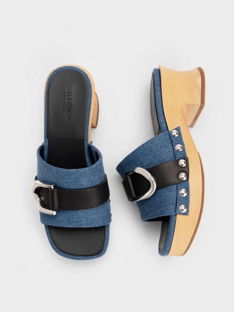 Σαμπο Charles And Keith Gabine Studded Denim & δερματινα μπλε | 32401-SJWF