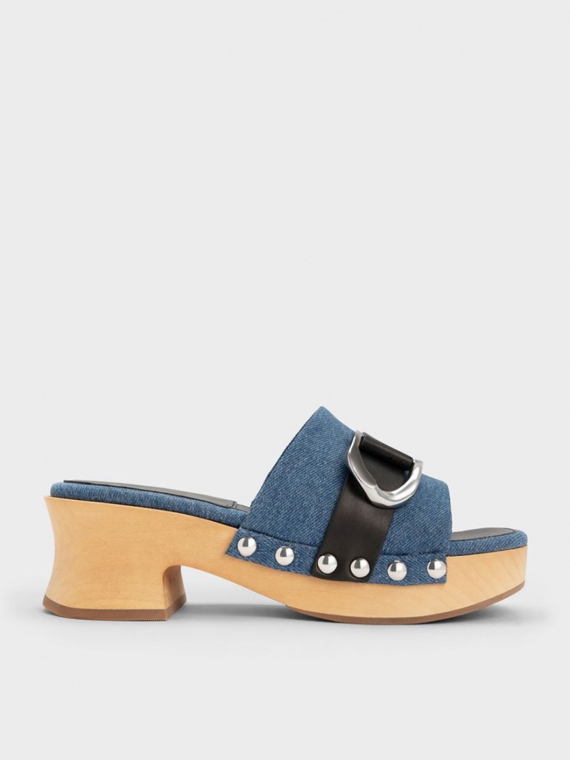 Σαμπο Charles And Keith Gabine Studded Denim & δερματινα μπλε | 32401-SJWF