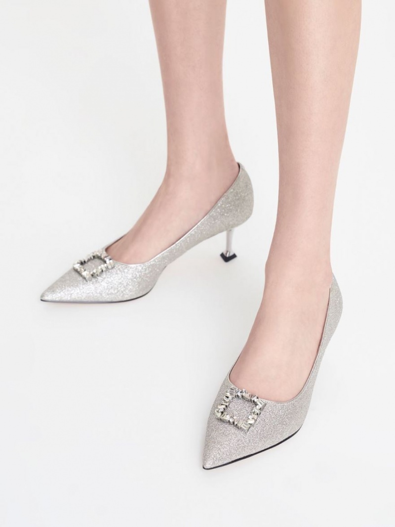 Γοβεσ Charles And Keith Glittered Gem-Embellished Kitten Heel ασημι | 84031-SNER