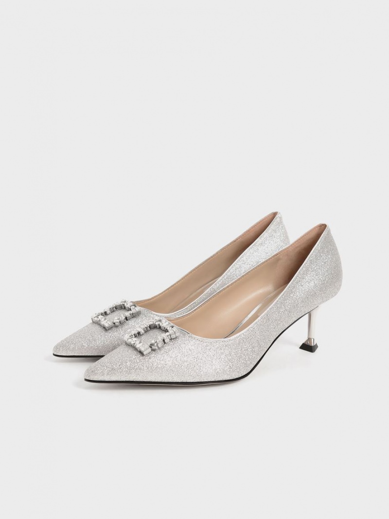 Γοβεσ Charles And Keith Glittered Gem-Embellished Kitten Heel ασημι | 84031-SNER