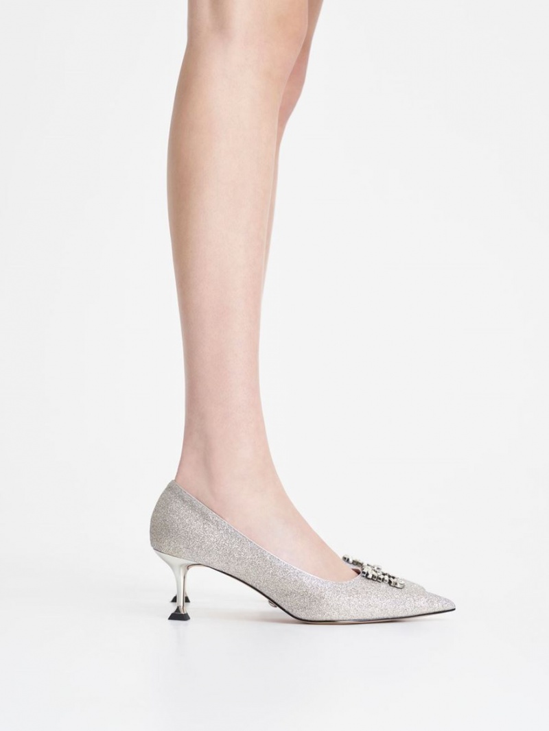 Γοβεσ Charles And Keith Glittered Gem-Embellished Kitten Heel ασημι | 84031-SNER