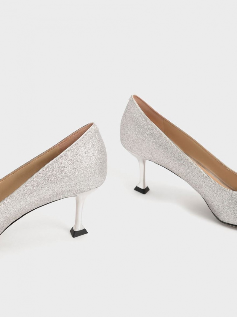 Γοβεσ Charles And Keith Glittered Gem-Embellished Kitten Heel ασημι | 84031-SNER