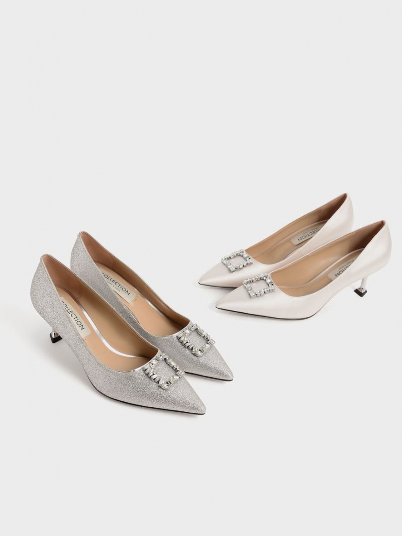 Γοβεσ Charles And Keith Glittered Gem-Embellished Kitten Heel ασημι | 84031-SNER
