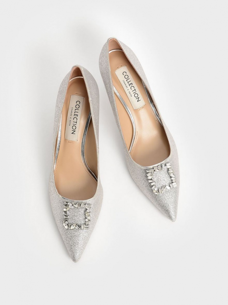 Γοβεσ Charles And Keith Glittered Gem-Embellished Kitten Heel ασημι | 84031-SNER