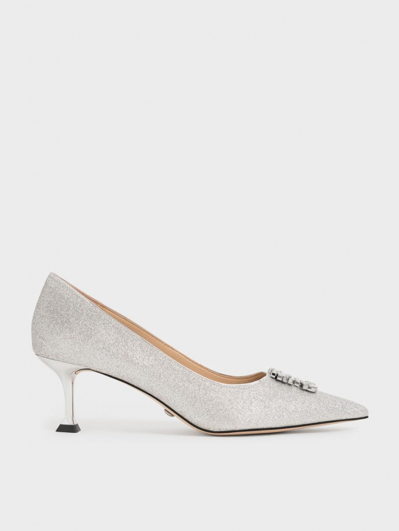 Γοβεσ Charles And Keith Glittered Gem-Embellished Kitten Heel ασημι | 84031-SNER