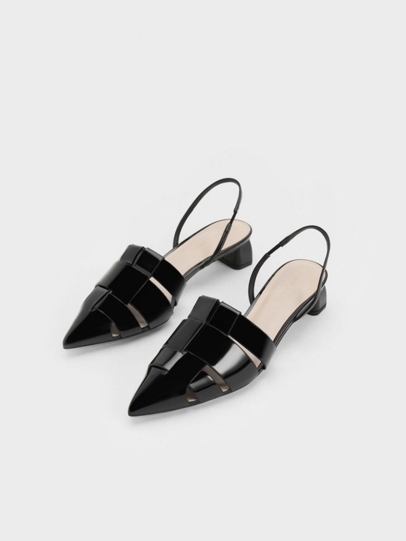 Γοβεσ Charles And Keith Interwoven λουστρινι Slingback μαυρα | 90287-SDCK