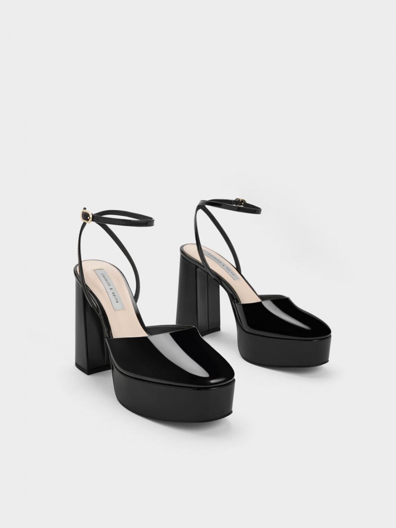 Γοβεσ Charles And Keith Jemma λουστρινι flatforms Ankle-λουρακια μαυρα | 02364-ZNIE