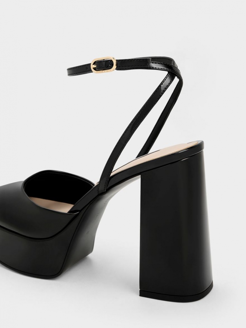 Γοβεσ Charles And Keith Jemma λουστρινι flatforms Ankle-λουρακια μαυρα | 02364-ZNIE