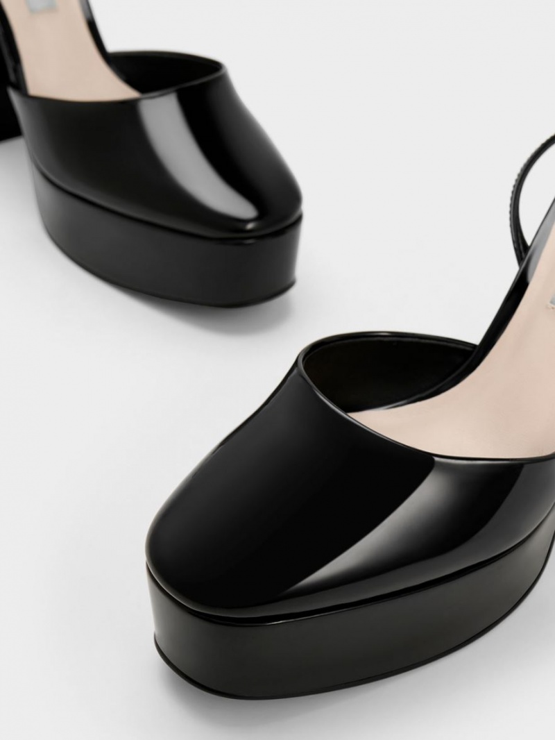 Γοβεσ Charles And Keith Jemma λουστρινι flatforms Ankle-λουρακια μαυρα | 02364-ZNIE