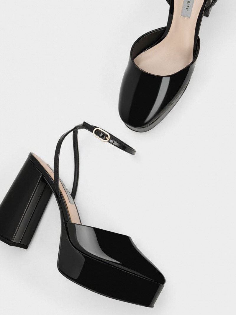Γοβεσ Charles And Keith Jemma λουστρινι flatforms Ankle-λουρακια μαυρα | 02364-ZNIE