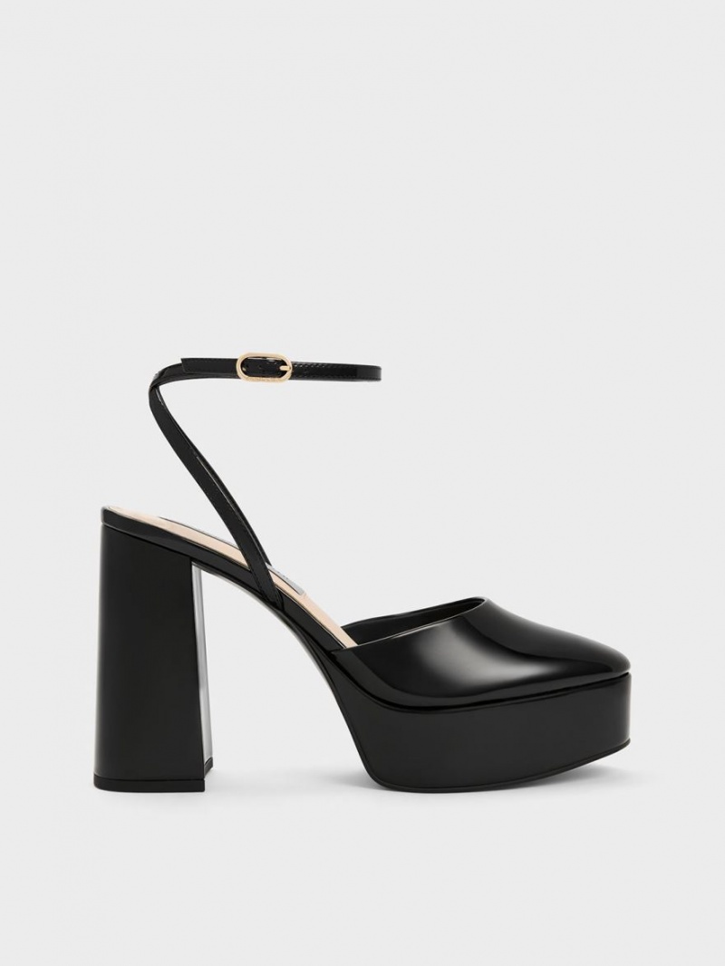 Γοβεσ Charles And Keith Jemma λουστρινι flatforms Ankle-λουρακια μαυρα | 02364-ZNIE