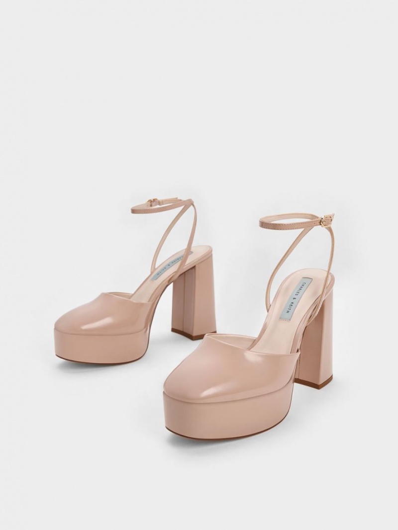 Γοβεσ Charles And Keith Jemma λουστρινι flatforms Ankle-λουρακια Μπεζ | 01345-CBJM