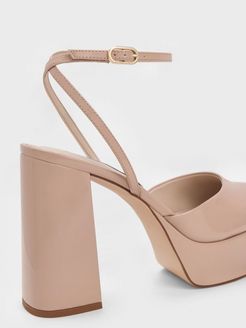 Γοβεσ Charles And Keith Jemma λουστρινι flatforms Ankle-λουρακια Μπεζ | 01345-CBJM
