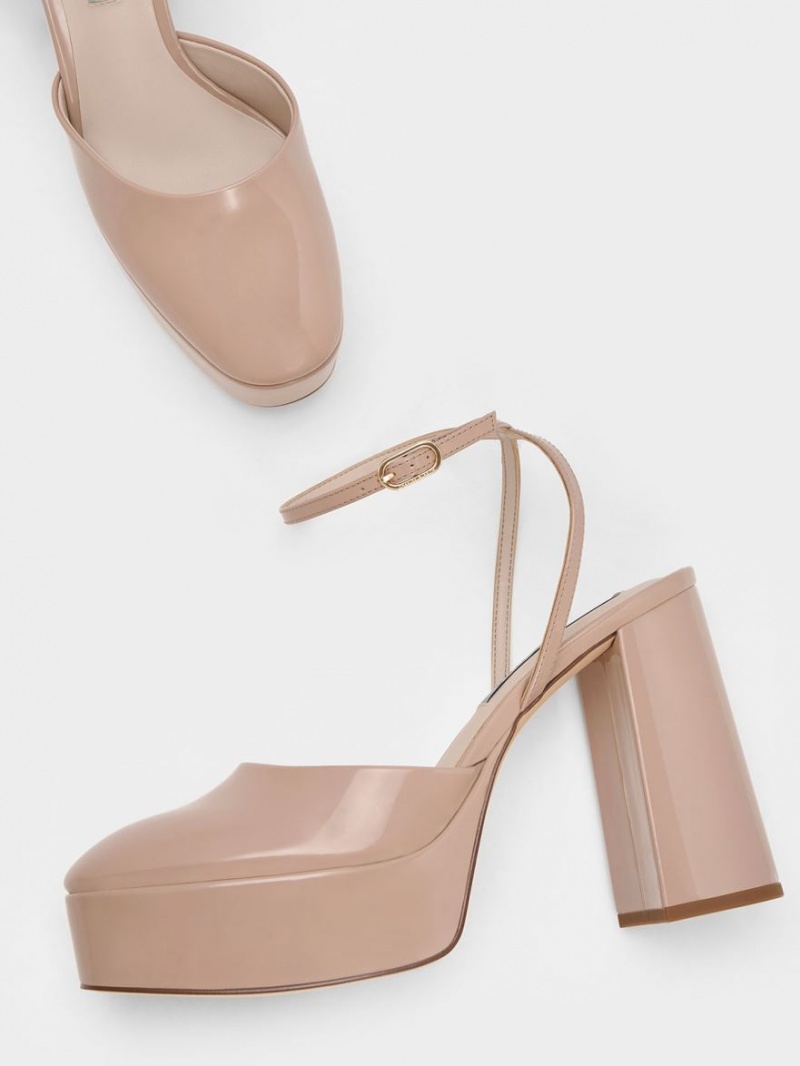 Γοβεσ Charles And Keith Jemma λουστρινι flatforms Ankle-λουρακια Μπεζ | 01345-CBJM