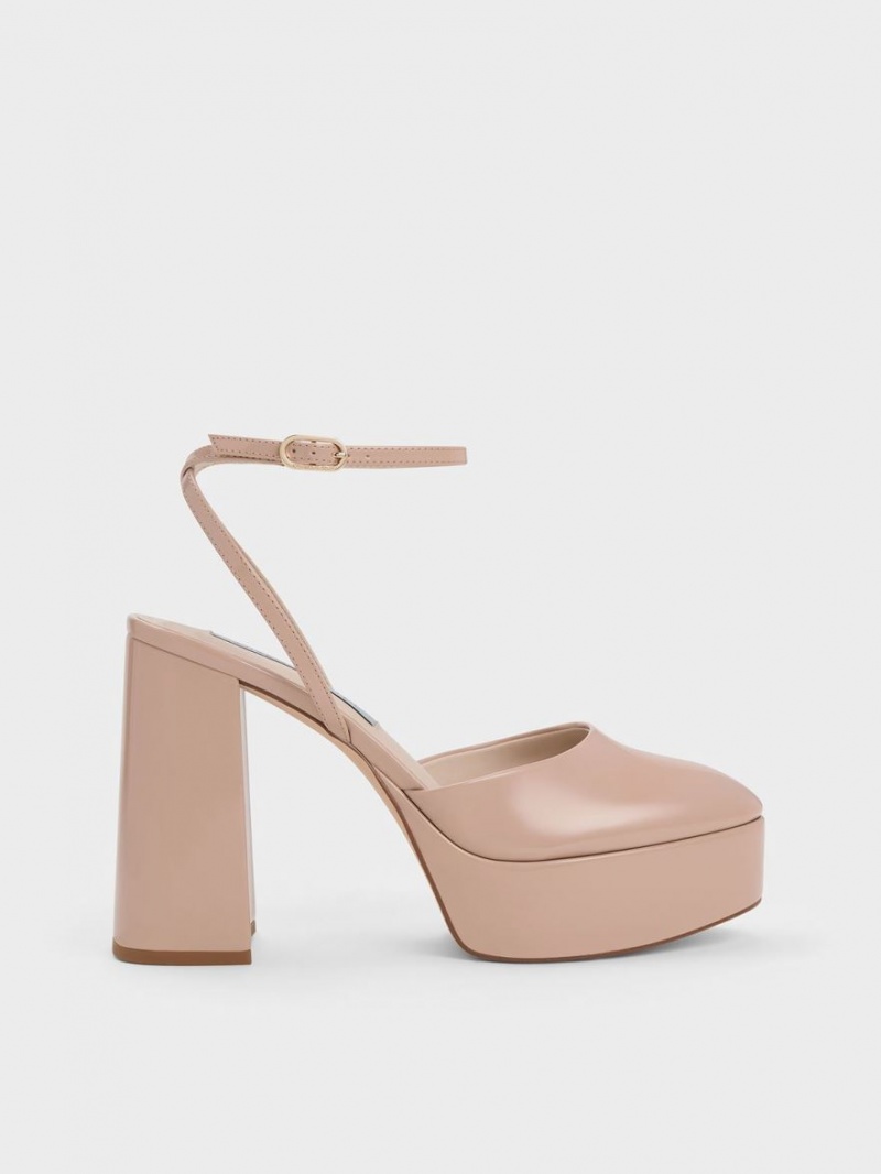 Γοβεσ Charles And Keith Jemma λουστρινι flatforms Ankle-λουρακια Μπεζ | 01345-CBJM