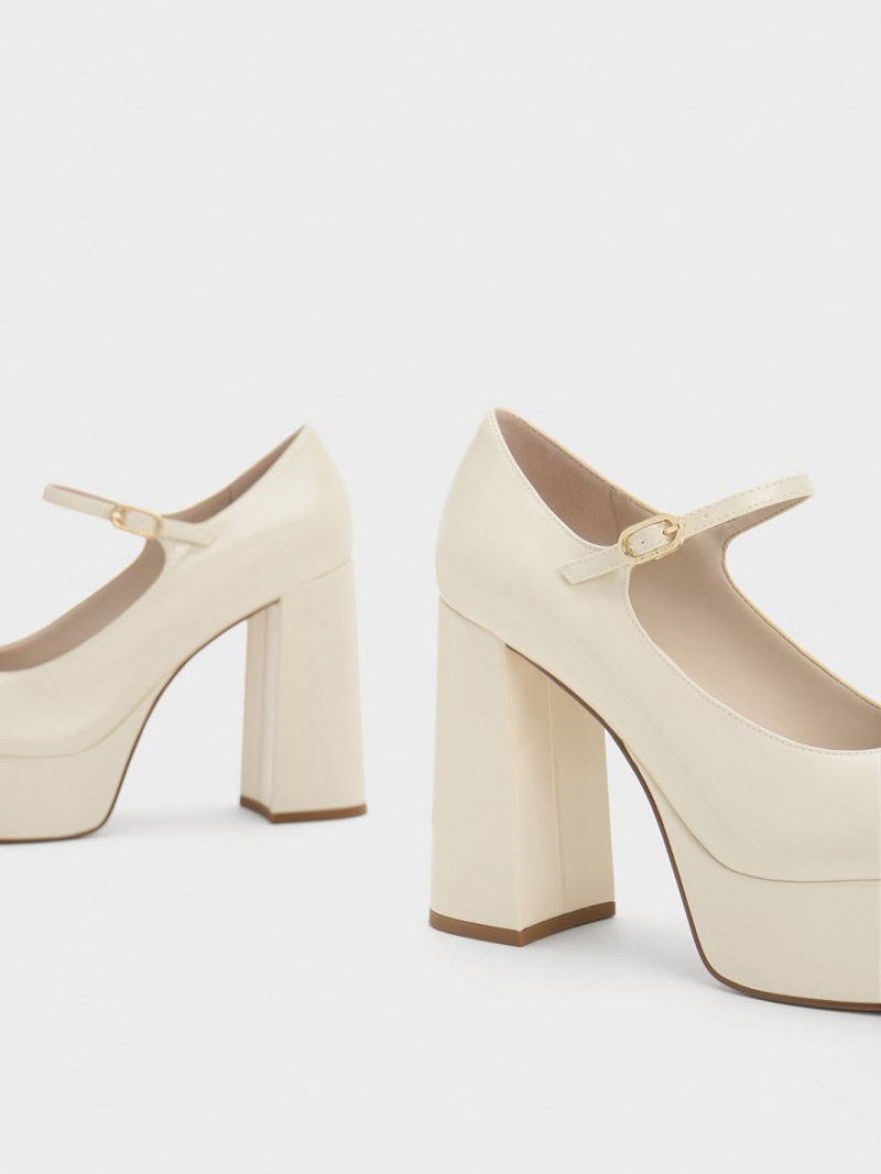 Γοβεσ Charles And Keith Jemma λουστρινι flatforms Mary Jane κρέμα | 09783-EJLG