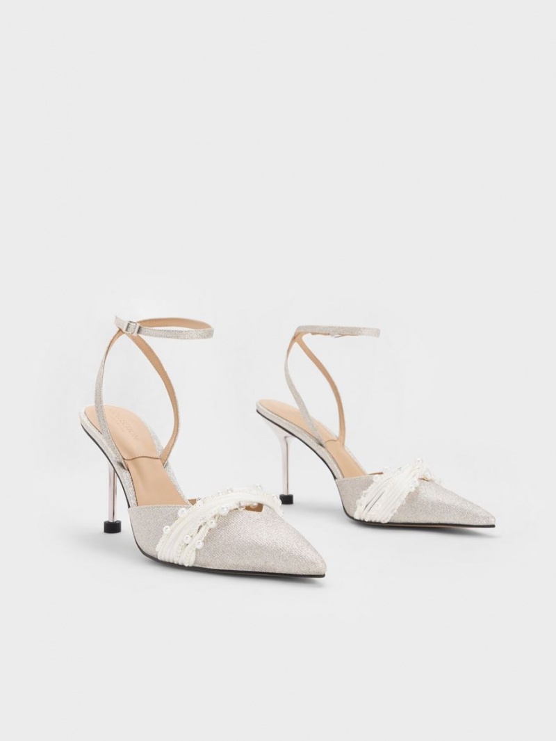 Γοβεσ Charles And Keith Leda Beaded Glittered Ankle-λουρακια ασημι | 52714-VJFE