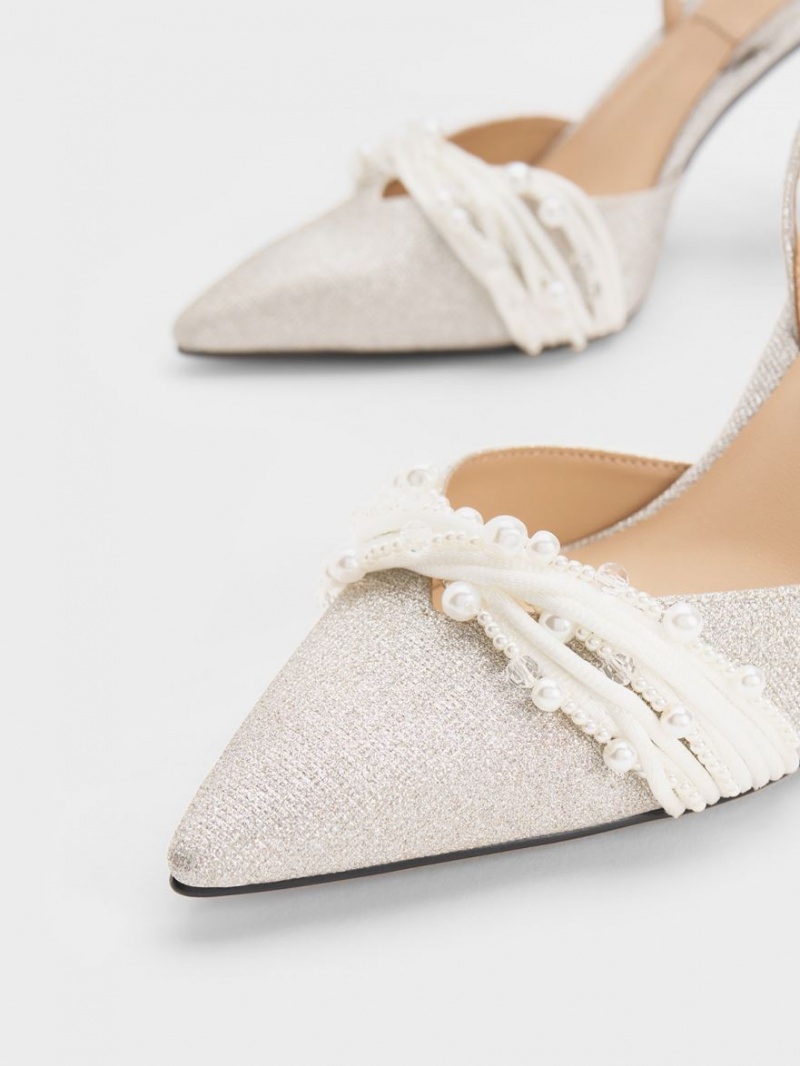 Γοβεσ Charles And Keith Leda Beaded Glittered Ankle-λουρακια ασημι | 52714-VJFE