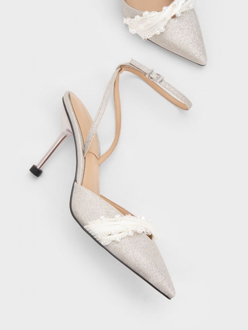 Γοβεσ Charles And Keith Leda Beaded Glittered Ankle-λουρακια ασημι | 52714-VJFE