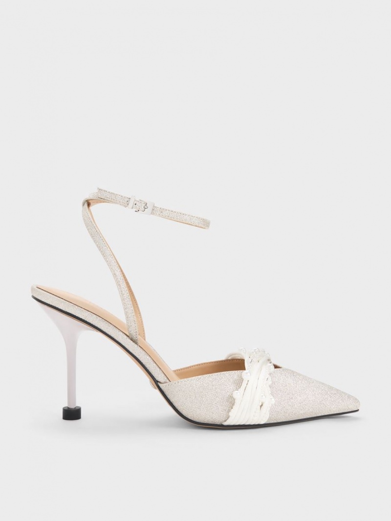 Γοβεσ Charles And Keith Leda Beaded Glittered Ankle-λουρακια ασημι | 52714-VJFE