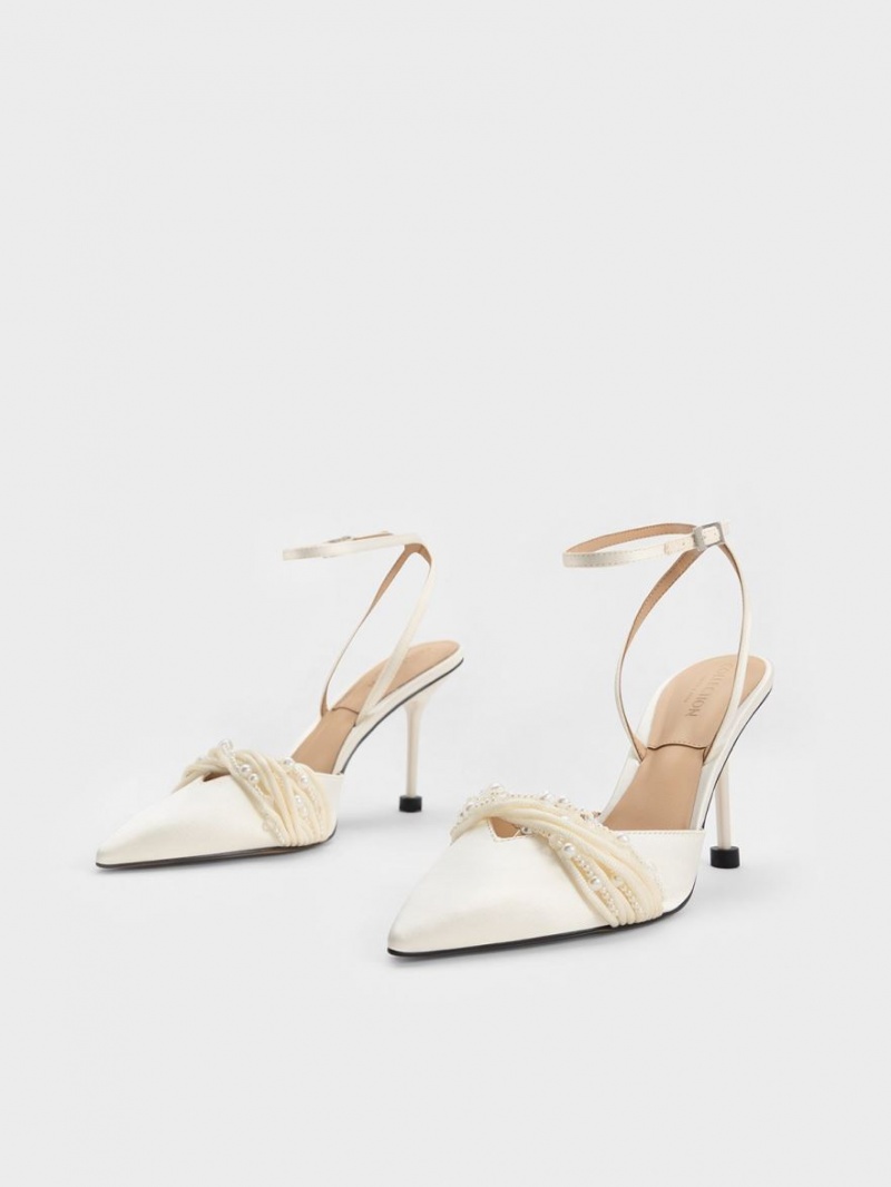 Γοβεσ Charles And Keith Leda Beaded Satin Ankle-λουρακια ασπρα | 54261-RNQG