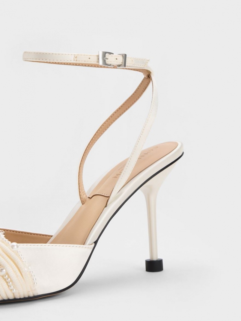 Γοβεσ Charles And Keith Leda Beaded Satin Ankle-λουρακια ασπρα | 54261-RNQG