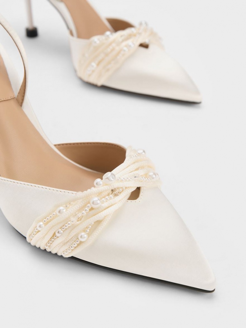 Γοβεσ Charles And Keith Leda Beaded Satin Ankle-λουρακια ασπρα | 54261-RNQG