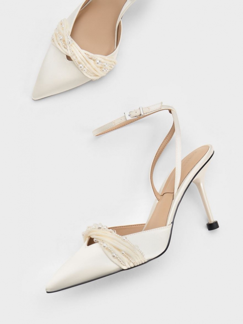 Γοβεσ Charles And Keith Leda Beaded Satin Ankle-λουρακια ασπρα | 54261-RNQG