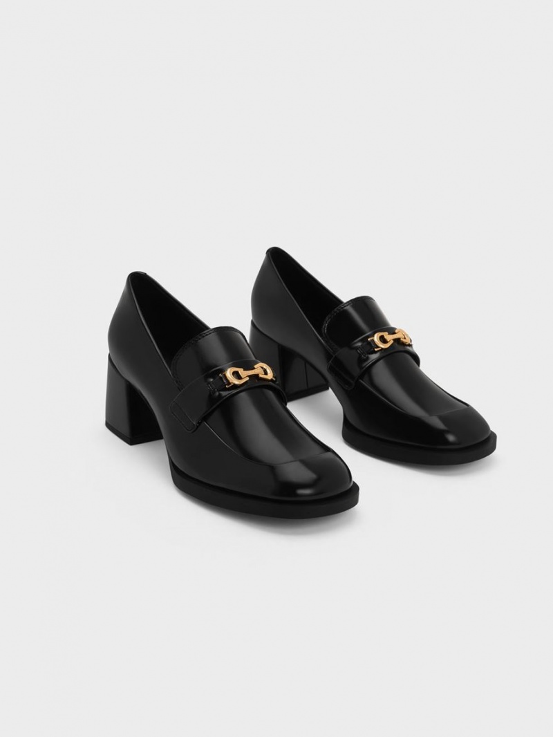 Γοβεσ Charles And Keith Metallic Accent Block Heel Loafer μαυρα | 72863-TFNC