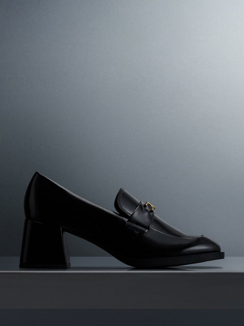 Γοβεσ Charles And Keith Metallic Accent Block Heel Loafer μαυρα | 72863-TFNC
