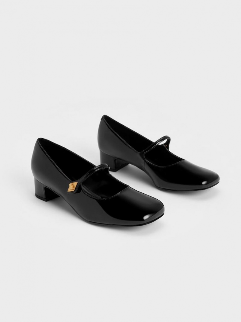 Γοβεσ Charles And Keith Metallic Accent Mary Jane μαυρα | 06918-OTWC