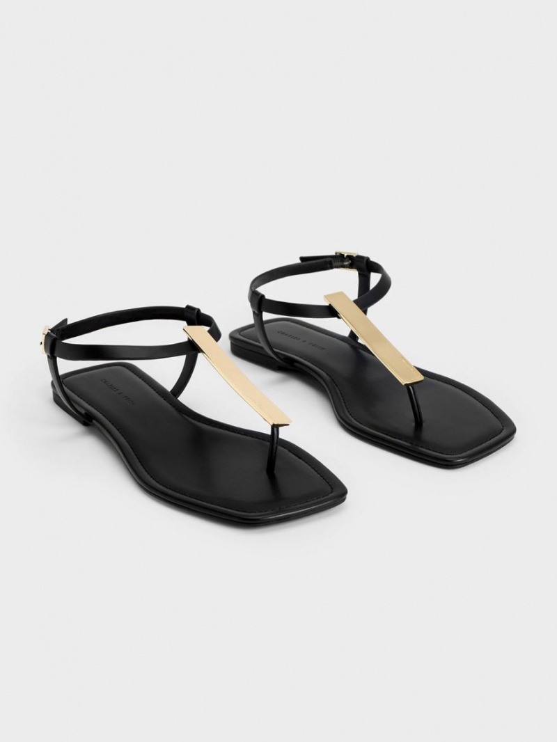 Σανδαλια Charles And Keith Metallic Accent T-Bar Στρινγκ μαυρα | 96482-YVZN