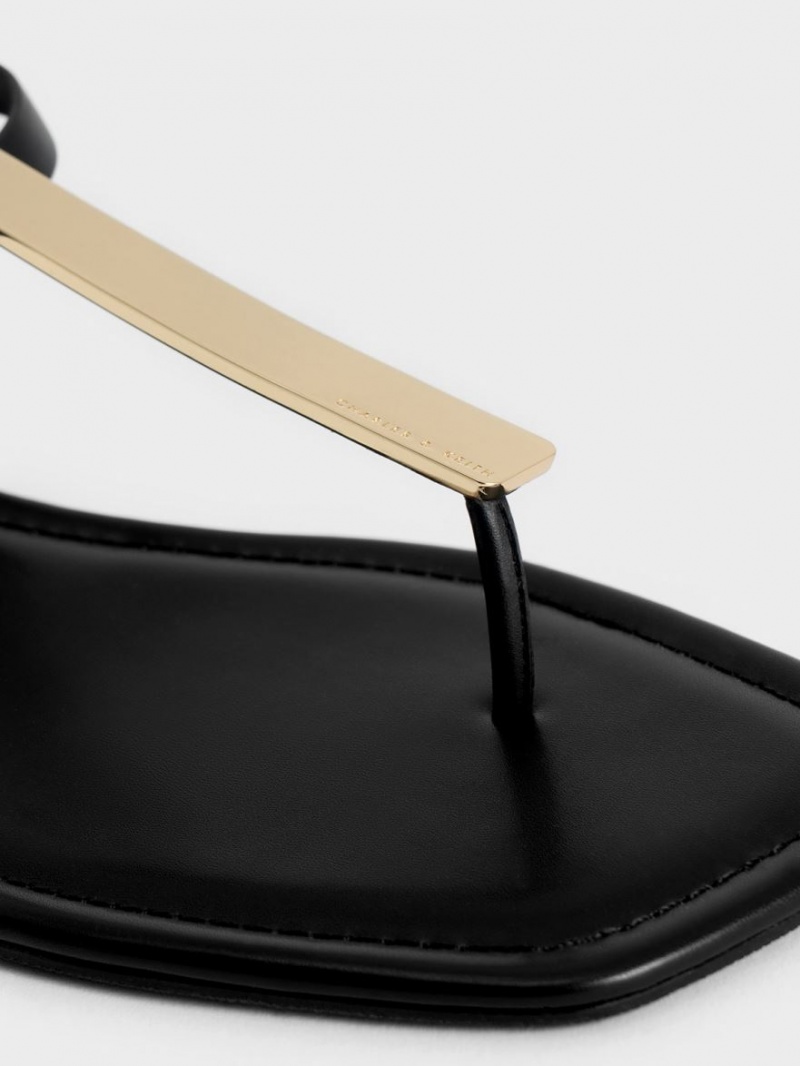 Σανδαλια Charles And Keith Metallic Accent T-Bar Στρινγκ μαυρα | 96482-YVZN