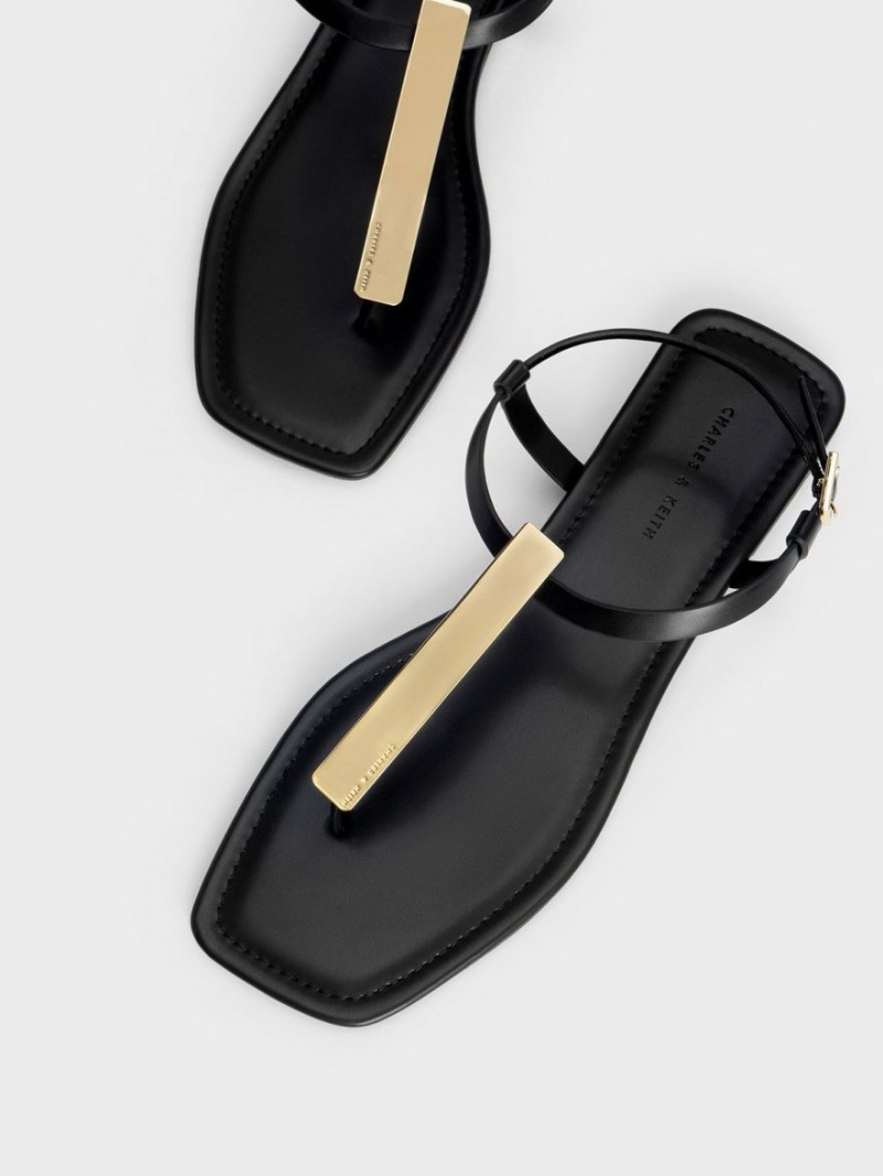 Σανδαλια Charles And Keith Metallic Accent T-Bar Στρινγκ μαυρα | 96482-YVZN