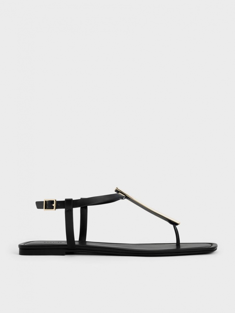 Σανδαλια Charles And Keith Metallic Accent T-Bar Στρινγκ μαυρα | 96482-YVZN