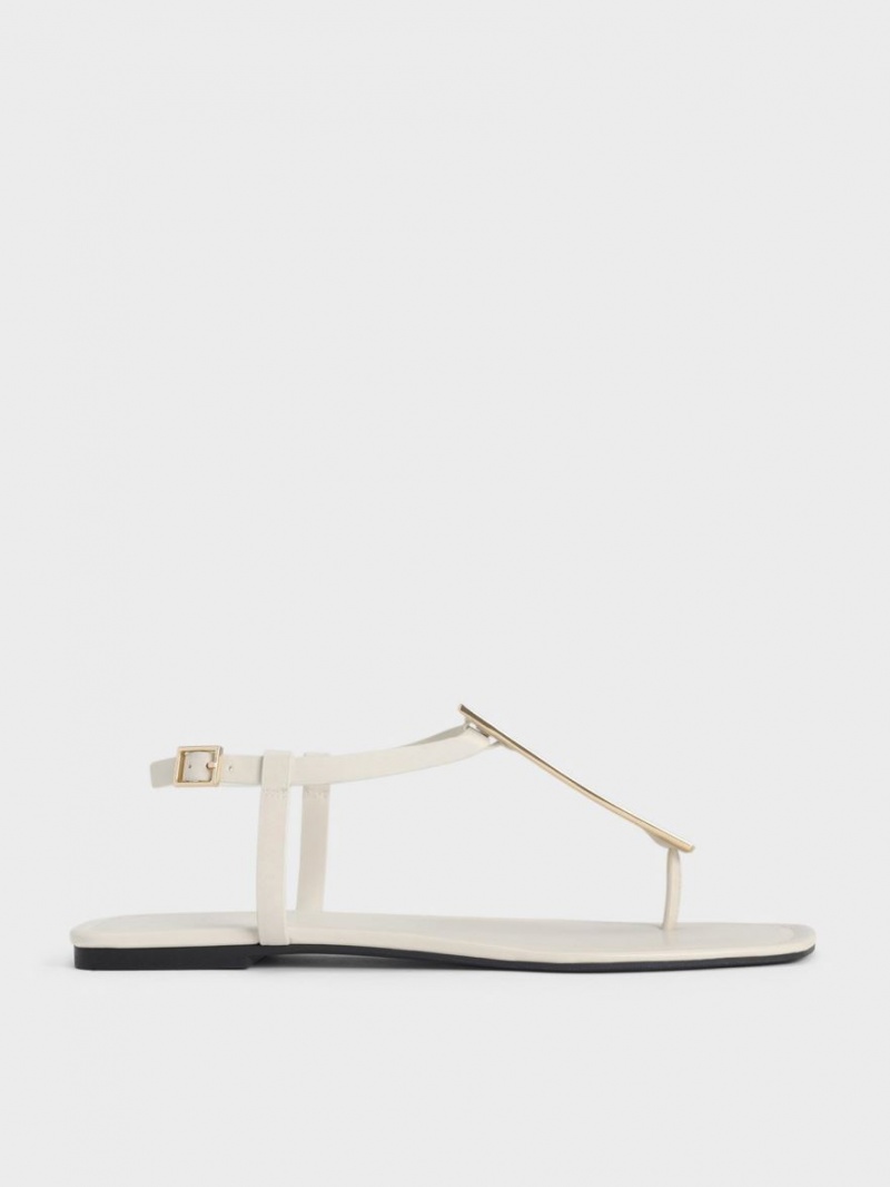 Σανδαλια Charles And Keith Metallic Accent T-Bar Στρινγκ ασπρα | 19804-VNOH