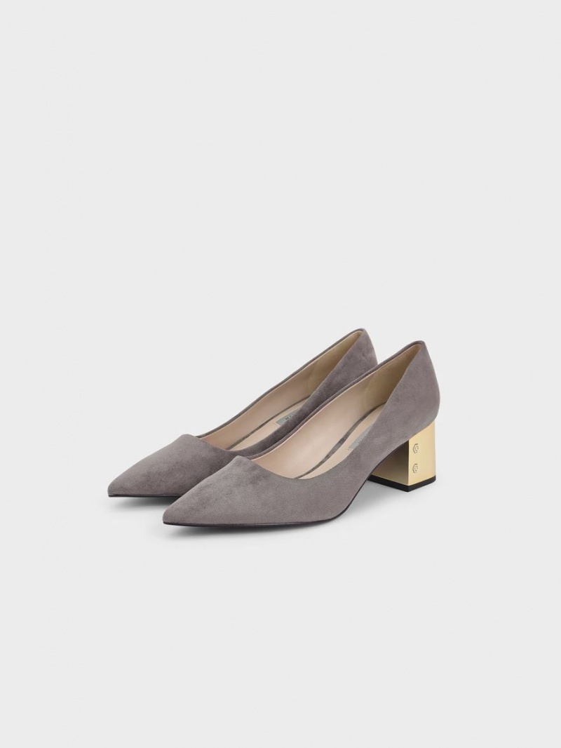 Γοβεσ Charles And Keith Metallic Block Heel Textured γκρι | 94751-XEBK