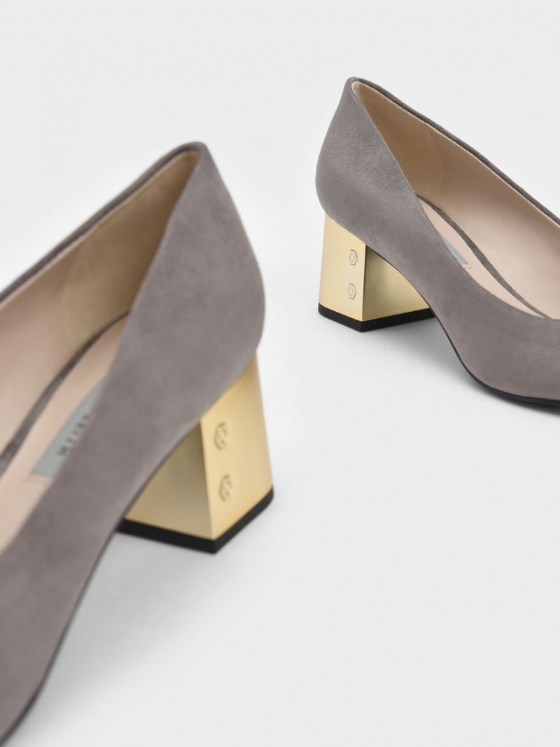 Γοβεσ Charles And Keith Metallic Block Heel Textured γκρι | 94751-XEBK