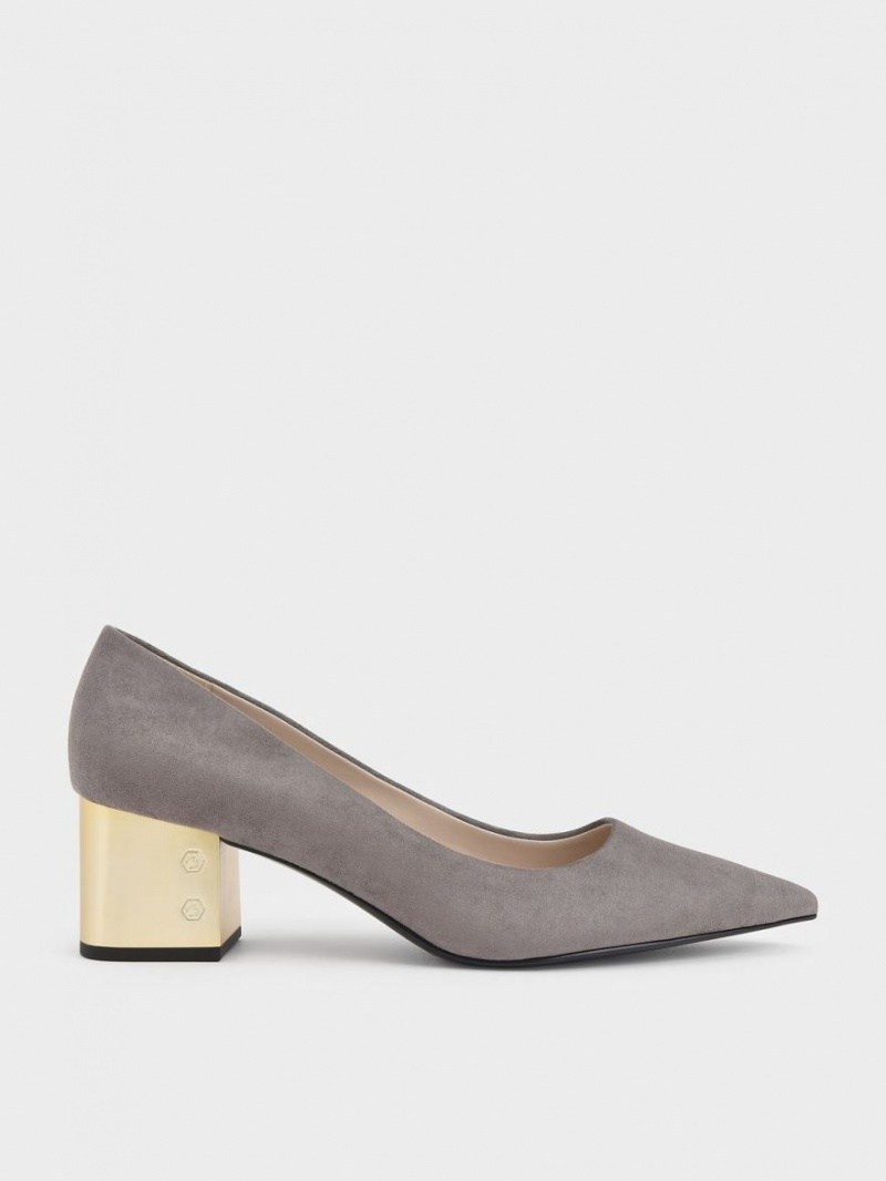 Γοβεσ Charles And Keith Metallic Block Heel Textured γκρι | 94751-XEBK