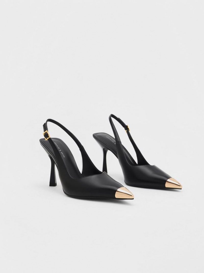 Γοβεσ Charles And Keith Metallic Cap Pointed-toe Slingback μαυρα | 52384-JXNP
