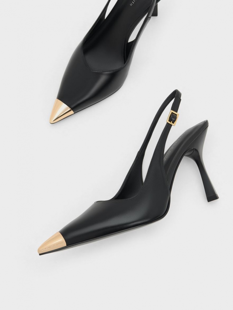 Γοβεσ Charles And Keith Metallic Cap Pointed-toe Slingback μαυρα | 52384-JXNP